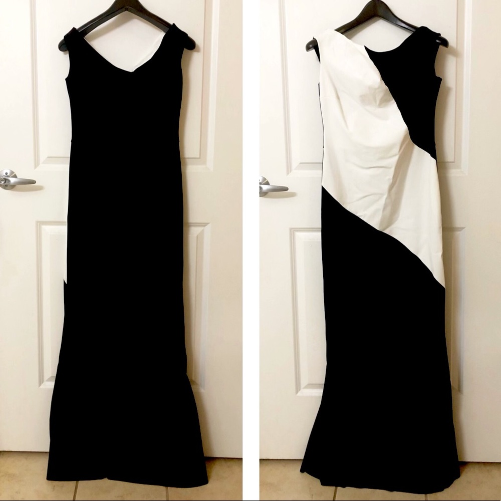 SALE NEW $1099 CHIARA BONI LA PETITE ROBE ILLUSION BLOCK BLACK WHITE GOWN DRESS